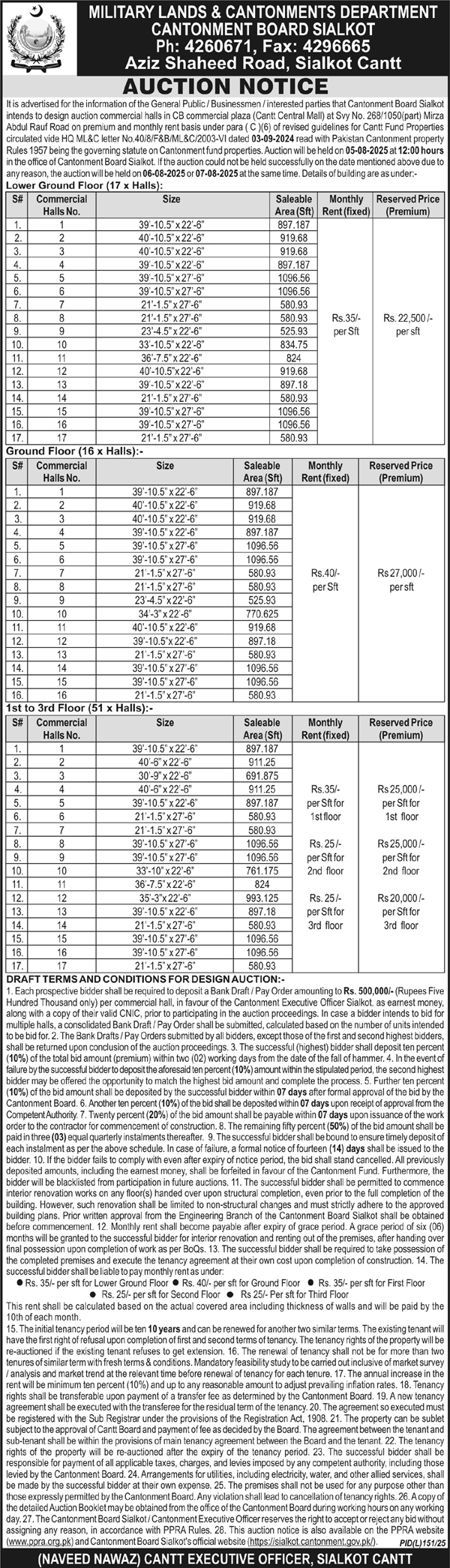 Military Lands & Cantonment Board Department Sialkot Tender Notice